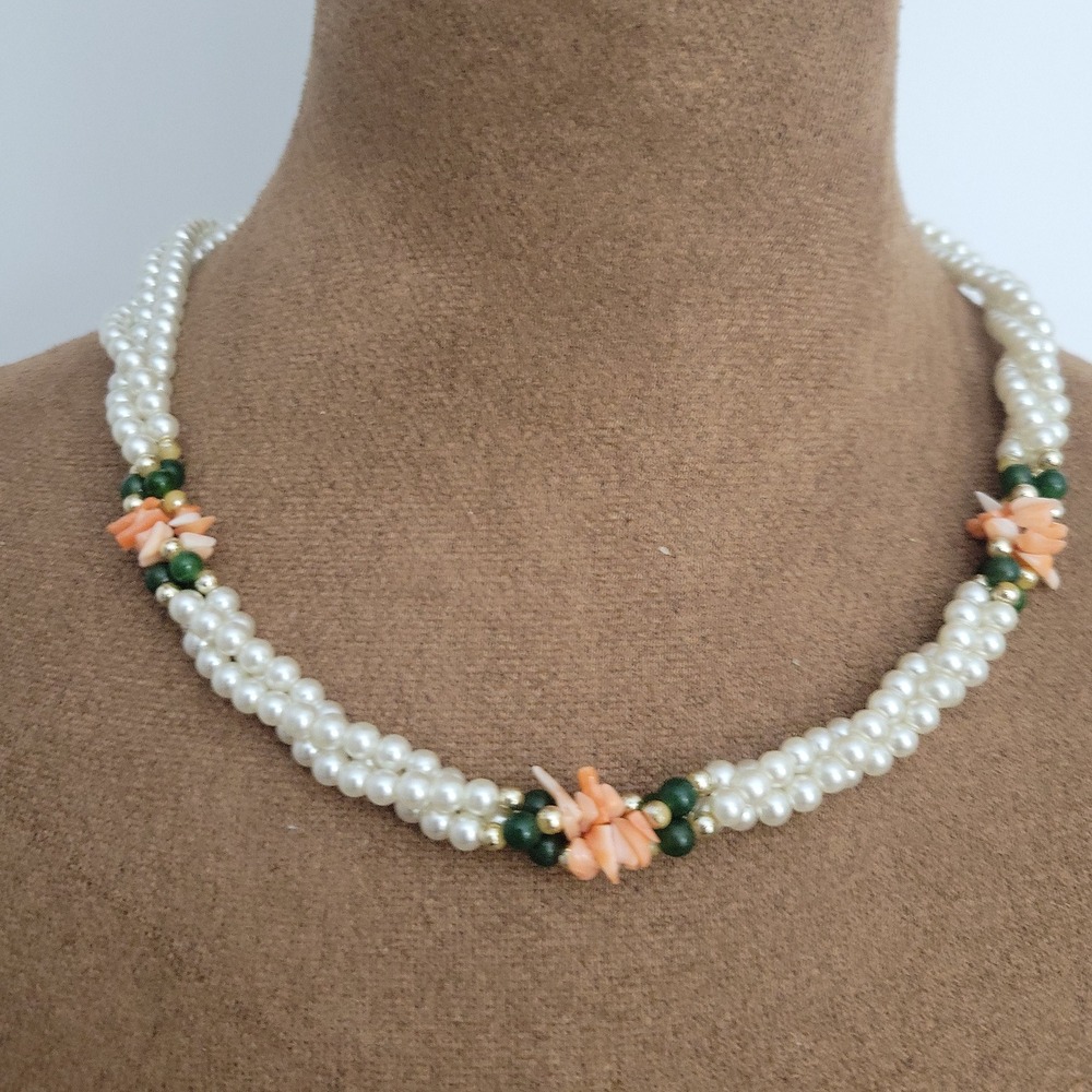 Vintage Faux Pearl Necklace Coral Green Accents 16 Inch Multi Strand Cottagecore